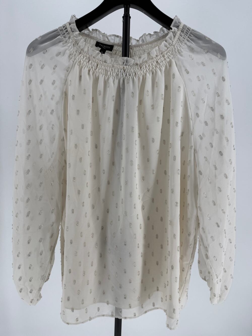 Talbots Plus 2X Ivory Silver Metallic Clip Dot Ruffle Neck Chiffon Blouse